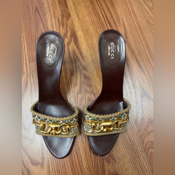 Gucci Brown Woven Jute Horsebit Heels Gold Chain Link Women’s Size 8.5B w/ box - Picture 2 of 11